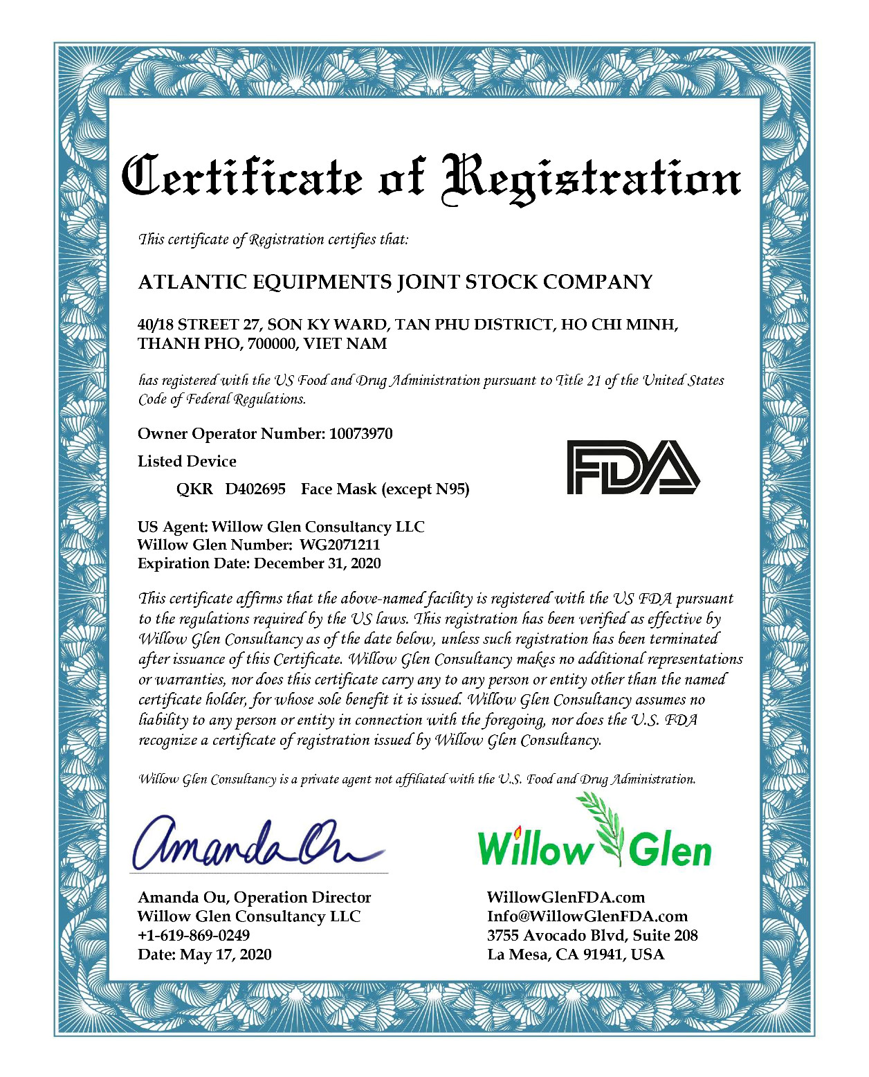 Certificate of Registration- FDA